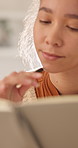 Thinking, journal and woman in home with idea, to do list or inspiration with reflection for self care. Book, diary and person planning with pen for insight, flare or goal setting for mental wellness