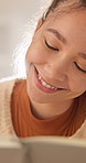 Smile, journal and woman in home with idea, to do list or inspiration with reflection for self care. Book, diary and happy person thinking with flare, planning or goal setting for mental wellness