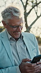 Corporate, man or laugh with phone outdoor for funny listing post, rental agreement or industry meme. Notification, mature realtor and happy with mobile for property negotiation, comic email or chat