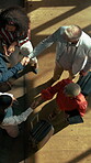 Above, handshake and hospitality with business people in hotel lobby for collaboration or welcome. B2B, meeting  and thank you with employee team shaking hands in foyer for accommodation or travel