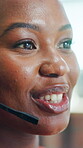 Happy, headset and talking with black woman in call center for assistance, feedback or help. Communication, customer service and microphone with agent in office for support or virtual solution