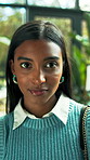 Face, business and woman in workplace with plants for eco friendly project, about us and confidence. Serious, portrait and person for environmental consultant, sustainable campaign and green office