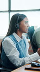 Happy, consulting and woman in office with headset for virtual assistance, customer support and help. Business, call center and person talking with mic for online advice, crm service and contact us