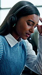 Telemarketing, woman and stress in office with headache, outbound call rejection and fatigue from job. Coworking, person and tired consultant in business with migraine, sales challenge and burnout.