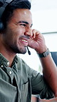 Happy, talking and man in call center with headset for virtual assistance, customer support and help. Business, office and person with mic for consulting, crm service and online advice for contact us