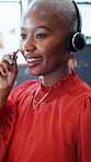 Happy, talking and black woman in call center with headset for contact us, advice and query. Business, office and person with mic for customer support, crm service and online consulting for help desk