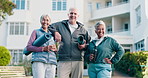 Face, fitness and old people outdoor by retirement home with smile, yoga mat and holistic health. Happy, senior friends and wellness by apartment building with support, pride and ready for exercise.