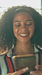 Smile, creative and woman in office with phone, research and contact witness for copywriting. Happy, female person and reading in workplace with mobile, email source and notification for publication