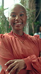 Face, laugh and business woman in workplace with plants for eco project, about us and career. Green office, portrait and African person for environmental consultant, sustainability and crossed arms