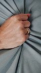 Person, hands and bed with sheet for intimacy, passion or sensual pleasure for lust in home. Top view, woman and grip with fabric, blanket or duvet for romance, sexual desire or arousal in bedroom