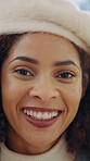 Face, designer and happy woman with hat for fashion business, style or clothing design. Portrait, female person or stylist with smile, pride or positive attitude for stylish winter cap in workplace