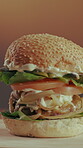 Catering, spin and burger for fast food, lunch plate and casual dining in takeaway cuisine. Space, flame grilled or ingredients with rotation, takeout meal or hospitality serving on studio background