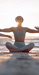 Meditation, beach and woman as yoga instructor on exercise mat for fitness, sunshine and wellness. Happy person, group and inhale by ocean for mindfulness, self care and peace outdoor in nature