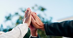 Hands, friends and people outdoor for high five, support and teamwork for community and solidarity, Blue sky, nature and men and women with gesture for collaboration, motivation and success together