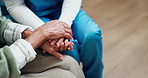 Support, nurse and holding hands with senior woman for empathy, compassion and comfort for healing. Nursing home, space and caregiver with elderly person for sympathy, wellness and care for bonding