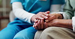 Console, nurse and holding hands with senior woman for empathy, compassion and support for care. Nursing home, comfort and caregiver with elderly person for sympathy, wellness and trust for bonding