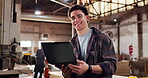 Carpentry, face and laptop with man in workshop for production or manufacturing schedule. Computer, development and online order with happy person in woodworking factory for furniture industry