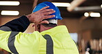 Carpenter, thinking and man with helmet in factory, reflection and planning for furniture production. Artisan, back and mature person with hard hat, flare and project inspection in warehouse and idea