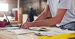 Hands, carpenter and writing at workshop with ruler, measuring and design ketch for production. Person, planning and notebook in factory for carpentry, blueprint draft and manufacturing furniture