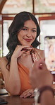 Woman, picture and date with phone in restaurant for romantic dinner, memory or capture moment. Couple, man and female person with smile or post for photography, anniversary or fine dining together