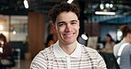 Creative, face and man in office with smile, advertising career and about us in brand consulting. Happy, portrait and marketing advisor with confidence, PR industry and pride in business development.