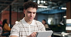 Man, tablet and research in office at night, marketing campaign and online search with smile. Person, digital technology and typing for social media management, planning and brand awareness late work
