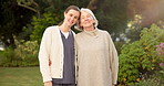 Face, caregiver and old woman in nature with smile, support and fresh air for medical service. Portrait, nurse and senior person outdoor with embrace, assisted living and elderly care for retirement