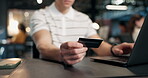 Online payment, laptop and hands with card in business, ecommerce or digital purchase with discount. Employee, typing and person with technology, coworking and transaction on website in office
