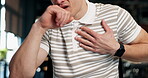 Man, hands and cough in office with sickness, chest infection and discomfort with pain. Male person, employee and choke in agency with pressure, asthma attack and allergic reaction with illness risk
