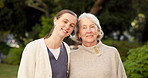 Face, caregiver and happy with old woman at park, support and fresh air for medical service. Portrait, nurse or senior person in nature with happiness, assisted living and elderly care for retirement