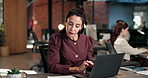 Laptop, woman and typing in office for article research, blog post review and editing story. Coworking, writer and mature person with proofreading project, creative process and planning with proposal