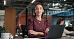 Pride, face or woman in office with arms crossed, advertising career or about us in brand consulting. Happy, portrait or mature marketing advisor with laptop, PR or confidence in business development