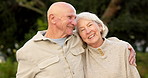 Face, hug and old couple with care outdoor happiness and loyalty with commitment together. Retirement, man and woman embrace at park for love, support and smile with partner for healthy relationship