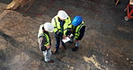 Above, carpentry and tablet with people in workshop together for discussion or meeting. Planning, digital tech and teamwork with men in woodworking warehouse for manufacturing partnership or contract