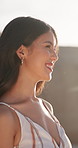 Thinking, calm and woman outdoor with fresh air, trip memory and mindfulness on summer holiday. Happy, flare and person in nature with breathing, reflection and peaceful perspective on getaway break.