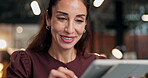Happy woman, tablet and scroll in office for research, marketing campaign and online with thinking. Mature, person and digital technology for social media management, planning and brand awareness