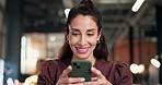 Happy, business and woman in office with phone, news research and email source to confirm facts. Mature person, laugh and review in workplace with mobile, proofreading and story draft for publication