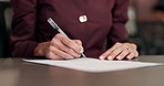 Hand, woman and writing in office with document, contract and editor approval for draft submission. Copywriter, signature and paperwork with manuscript, agreement and permission form for publication