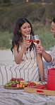 Smile, couple and cheers at beach with alcohol, picnic and romantic anniversary for summer holiday. Happy, people or toast at sea with sparkling wine, getaway date and partner celebration on vacation