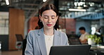 Creative, laptop or woman in office with review, SEO research or pitch draft for campaign. Reading, tech or marketing advisor with typing, advertising strategy or proposal edit for brand development.