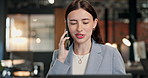 Office, phone call and businesswoman with laptop, talking and communication with contact and online. Business, employee and person with mobile for chat, coworking and financial report with technology