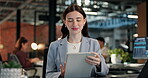 Woman, tablet and scroll in workplace for research, marketing campaign or online search. Business, person and digital technology for social media management, planning and brand awareness in office