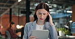Confused, tablet and businesswoman in office with mistake on finance report with company bankruptcy. Technology, error and financial advisor with decline in stock market analysis for investment.