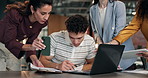 Multitask, man and chaos in office with team, laptop and sign paperwork with phone call for overwork. Tablet, overwhelmed and business person with overload, typing or deadline pressure with challenge