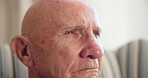 Thinking, sad and senior man in house with memory, loss and remembrance of past mistake. Mental health, reflection and elderly person with depression, emotional thoughts and regret in retirement.