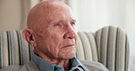 Thinking, sad and elderly man in house with memory, loss and remembrance of past mistake. Mental health, reflection and senior person with depression, emotional thoughts and regret in retirement.