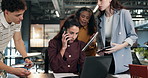 Multitask, woman and stress in office with team, laptop and paperwork with phone call for overwork. Tablet, overwhelmed and business person with overload, typing or deadline pressure with challenge