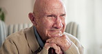 Senior, thinking or sad man with memory, loss or grief for past moment or nostalgia in home. Elderly, male person or crying with cane or walking stick for loneliness, widow or regret in old age house