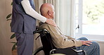 Nurse, elderly and comfort with window in wheelchair for assisted living or healthcare in house. Woman, health caregiver or senior person with a disability for mobility, help or aid in nursing home