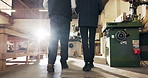 People, legs and walk in workshop for carpentry business, inspection or quality assurance from back. Flare, team or partnership in factory for woodwork production, meeting or manufacturing operations